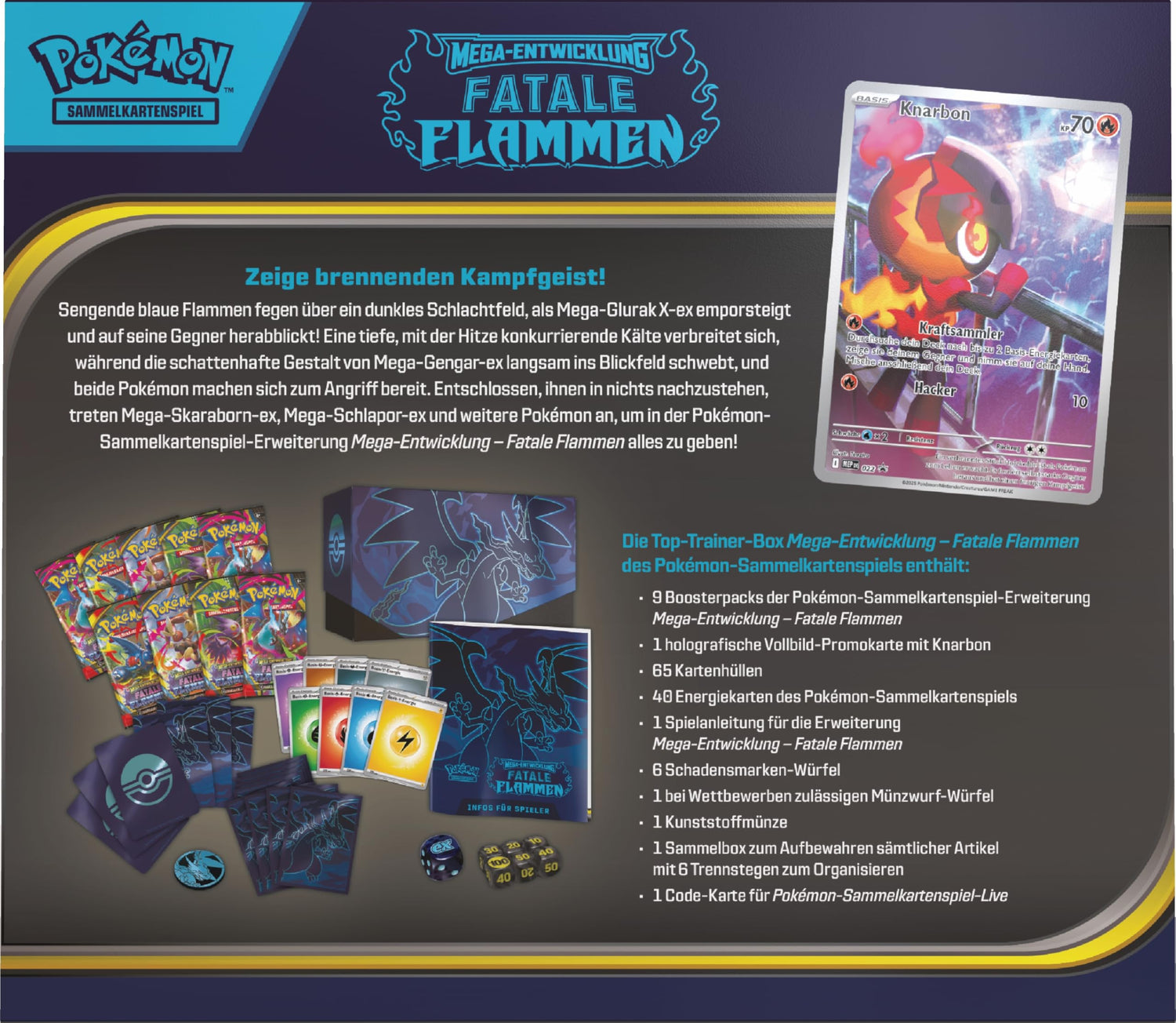 Pokémon-Sammelkartenspiel: Top-Trainer-Box Mega-Entwicklung – Fatale Flammen (1 Vollbild-Promokarte, 9 Boosterpacks &amp; Zubehör)