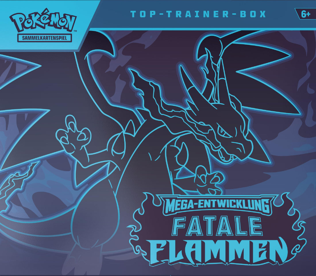 Pokémon-Sammelkartenspiel: Top-Trainer-Box Mega-Entwicklung – Fatale Flammen (1 Vollbild-Promokarte, 9 Boosterpacks &amp; Zubehör)