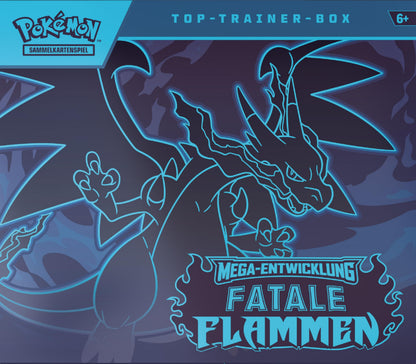 Pokémon-Sammelkartenspiel: Top-Trainer-Box Mega-Entwicklung – Fatale Flammen (1 Vollbild-Promokarte, 9 Boosterpacks &amp; Zubehör)