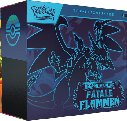 Pokémon-Sammelkartenspiel: Top-Trainer-Box Mega-Entwicklung – Fatale Flammen (1 Vollbild-Promokarte, 9 Boosterpacks &amp; Zubehör)