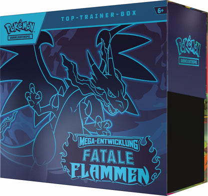 Pokémon-Sammelkartenspiel: Top-Trainer-Box Mega-Entwicklung – Fatale Flammen (1 Vollbild-Promokarte, 9 Boosterpacks &amp; Zubehör)