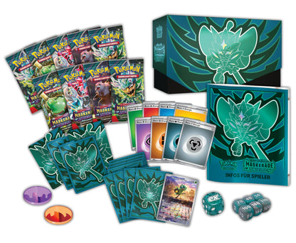 Pokémon-Sammelkartenspiel: Top-Trainer-Box Karmesin &amp; Purpur – Maskerade im Zwielicht (1 Vollbild-Promokarte mit Türkisgrüne-Maske-Ogerpon, 9 Boosterpacks &amp; Premium-Zubehör)