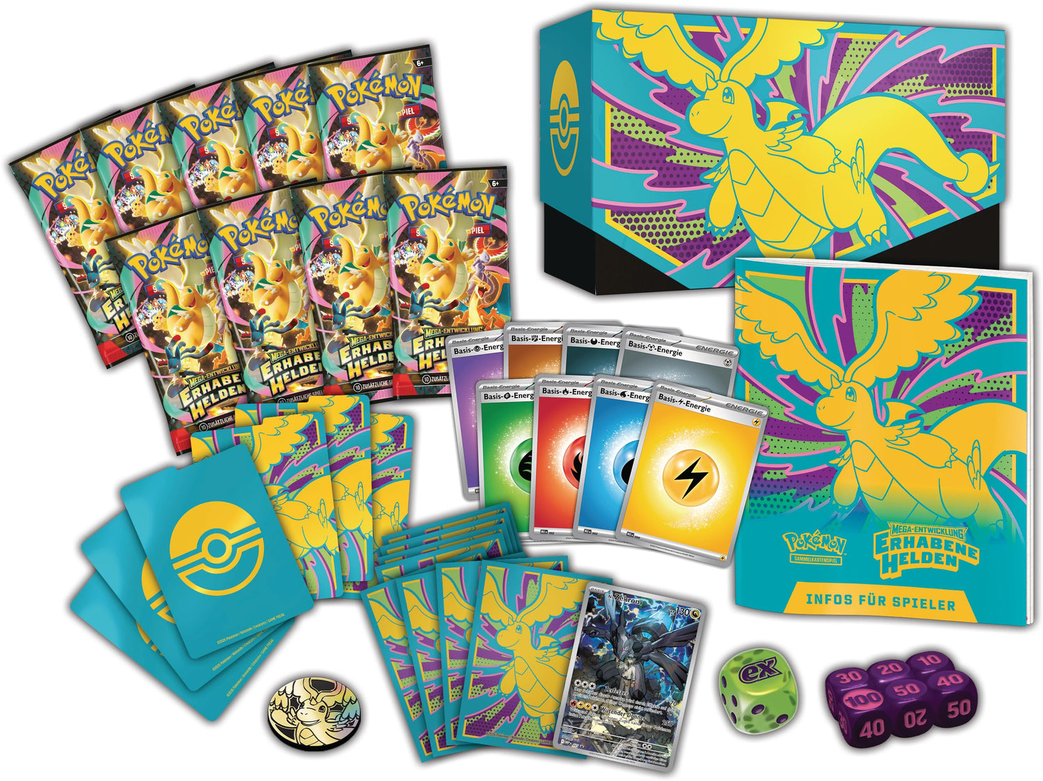 Pokémon-Sammelkartenspiel: Top-Trainer-Box Mega-Entwicklung – Erhabene Helden (1 Vollbild-Promokarte, 9 Boosterpacks &amp; Premium-Zubehör)